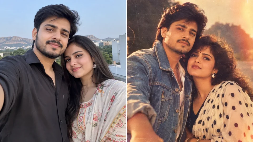 Bollywood 80s AI photo trend comparison showing modern photo vs retro vintage style
