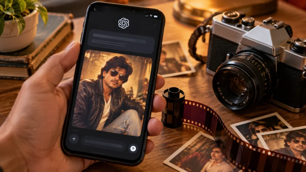 Smartphone displaying ChatGPT prompt creation for 80s retro Bollywood image